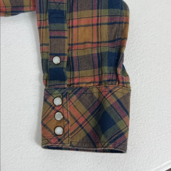 Tecovas Sz M Pearl Snap Long Sleeve Shirt Tan & Blue Cotton Flannel - Picture 5 of 10